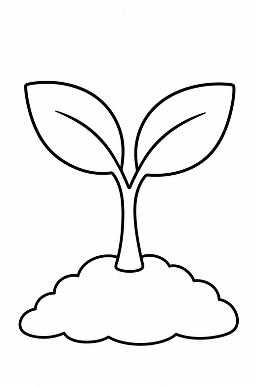 Seedling in soil: A single seedling with two leaves emerging from soil, free printable coloring page