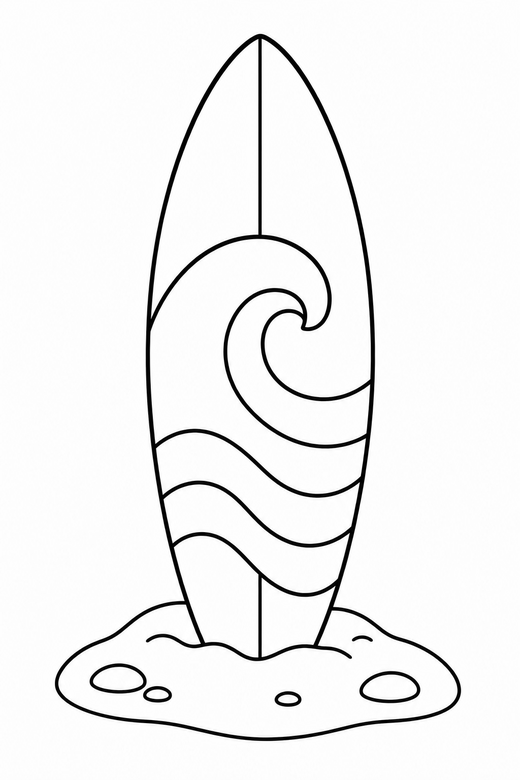 Surfboard upright: A surfboard standing in the sand with a wave pattern, free printable coloring page