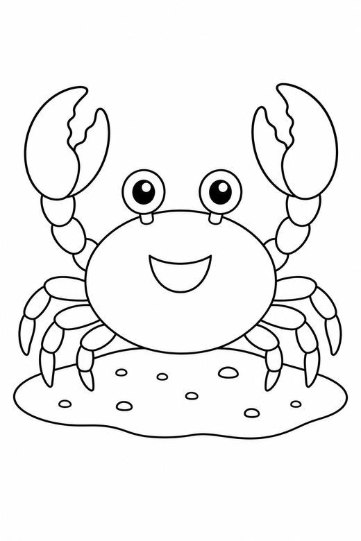 Crab on the shore: A round crab with raised claws standing on sand, free printable coloring page