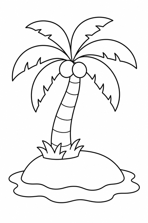 Palm tree on an island: A palm tree on a small island with two coconuts, free printable coloring page