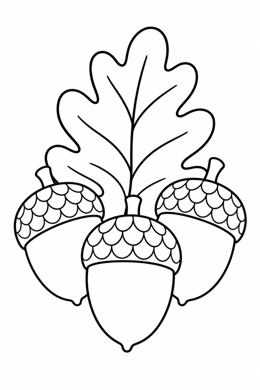 Acorn cluster: Three acorns with caps and an oak leaf behind them, free printable coloring page