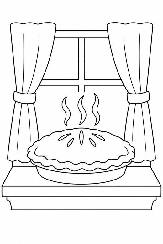 Pie on a windowsill: A whole pie cooling on a windowsill with steam lines, free printable coloring page