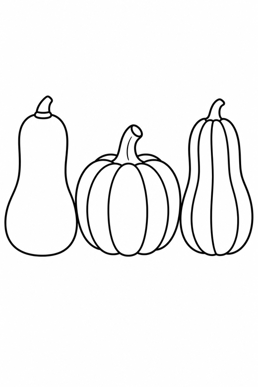 Squash and pumpkins row: Three different squash shapes lined up in a row, free printable coloring page
