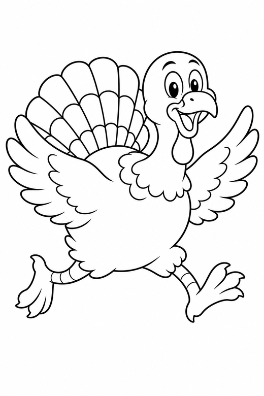 Turkey chasing: A turkey mid-run with wings out and feet lifted, free printable coloring page