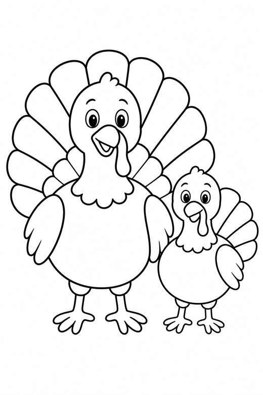 Two turkeys together: One large and one small turkey standing side by side, free printable coloring page