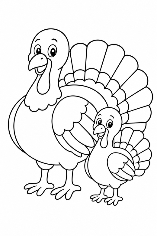 Two turkeys: One large and one small turkey standing together, free printable coloring page