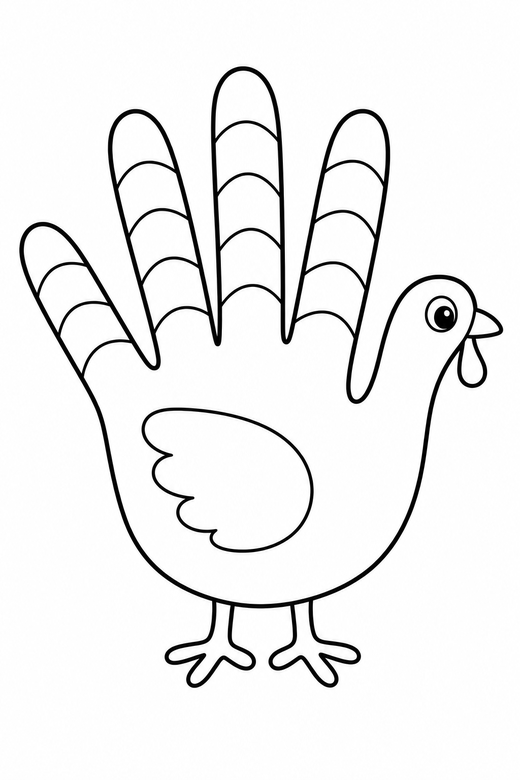 Turkey hand outline: A hand shape turned into a turkey with feathers as fingers, free printable coloring page