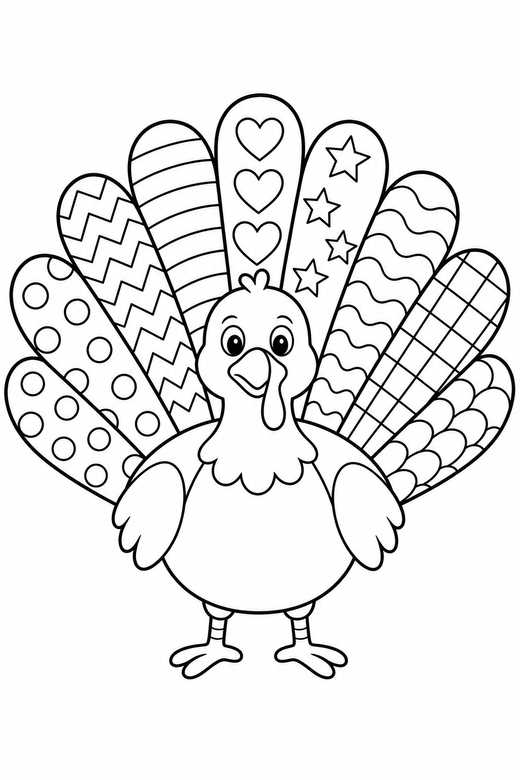 Turkey with patterned feathers: A turkey whose tail feathers each carry a different pattern, free printable coloring page