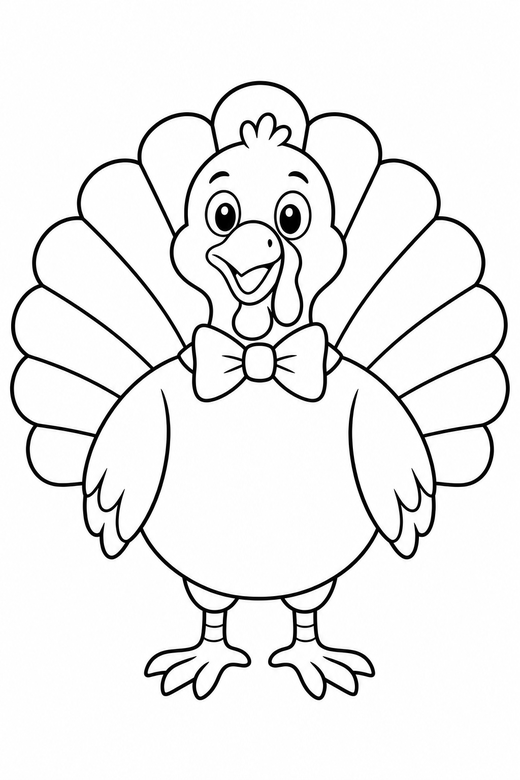 Turkey with a bow tie: A turkey wearing a bow tie, standing upright, free printable coloring page