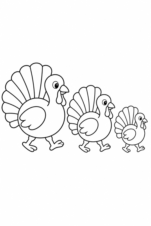 Turkey family: Three turkeys of decreasing size walking in a line, free printable coloring page