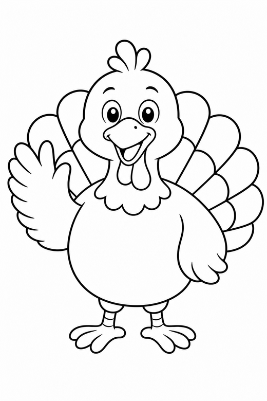 Cartoon turkey waving: A round cartoon turkey waving one wing, free printable coloring page