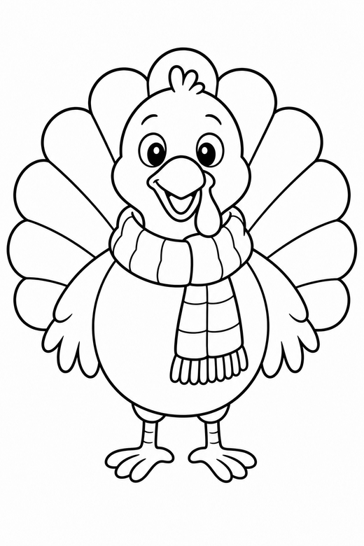 Turkey with a scarf: A turkey wearing a knitted scarf around its neck, free printable coloring page