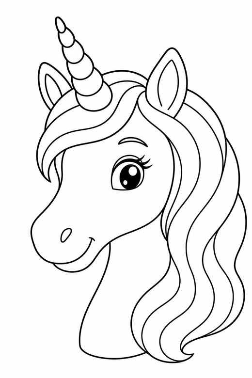 Unicorn head portrait: A unicorn head portrait close-up with a spiral horn and kind eyes, free printable coloring page