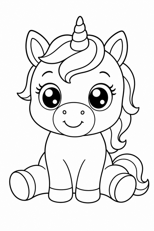 Baby unicorn sitting: A baby unicorn sitting down with oversized eyes and small horn, free printable coloring page