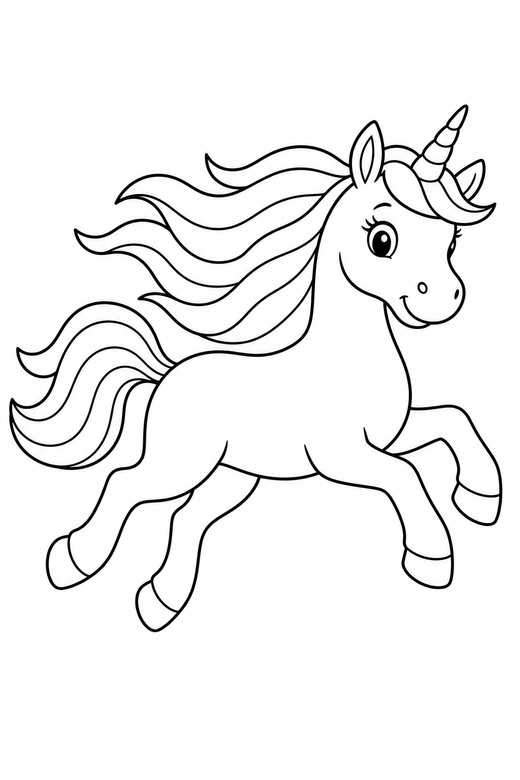 Galloping unicorn: A unicorn galloping with mane and tail streaming behind, free printable coloring page