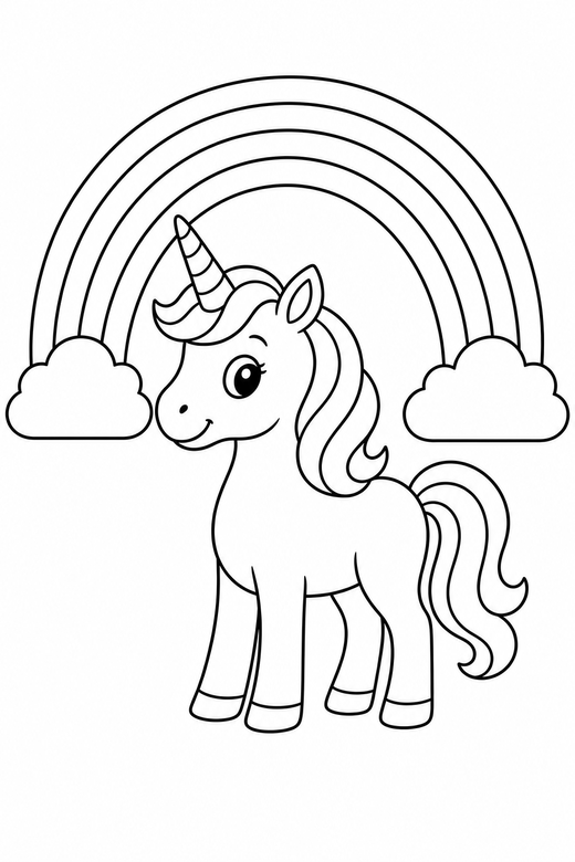 Unicorn under a rainbow: A unicorn standing under a simple rainbow arch, free printable coloring page