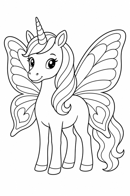 Winged unicorn: A unicorn with butterfly wings, standing calmly, free printable coloring page