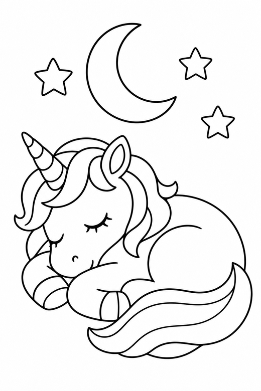 Sleeping unicorn and stars: A unicorn sleeping curled up with a crescent moon and three stars above, free printable coloring page