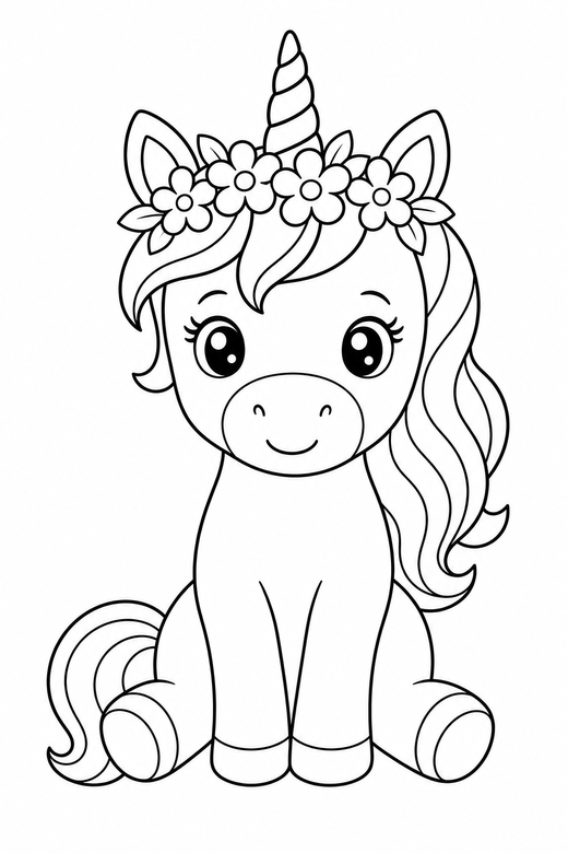 Unicorn with a flower crown: A unicorn with a flower crown resting on its head, free printable coloring page