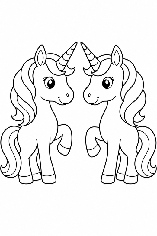 Two unicorns nose to nose: Two unicorns facing each other with horns almost touching, free printable coloring page