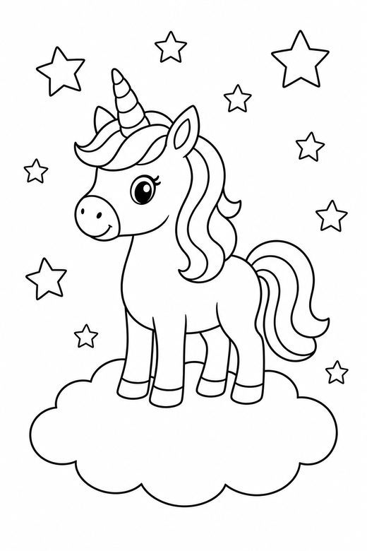 Unicorn on a cloud: A unicorn standing on a cloud with stars scattered around, free printable coloring page