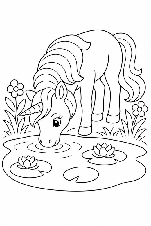 Unicorn at a pond: A unicorn drinking from a small pond with lily pads, free printable coloring page