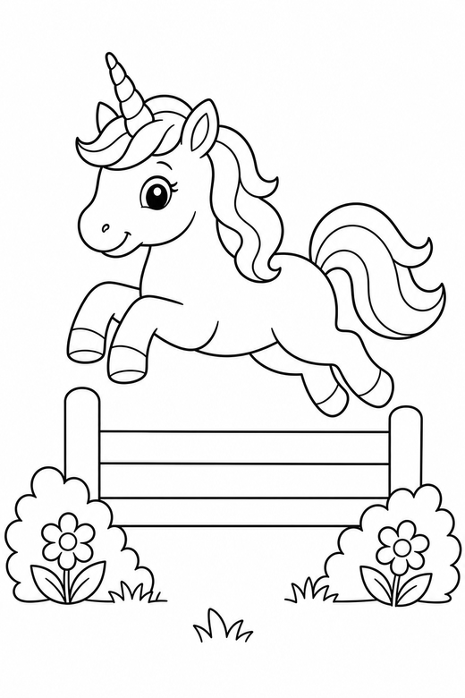 Unicorn jumping a fence: A unicorn jumping over a low fence, free printable coloring page