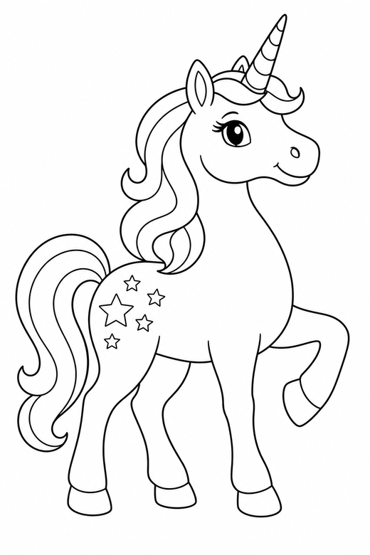 Star-marked unicorn: A unicorn with a star pattern on its flank, standing proudly, free printable coloring page