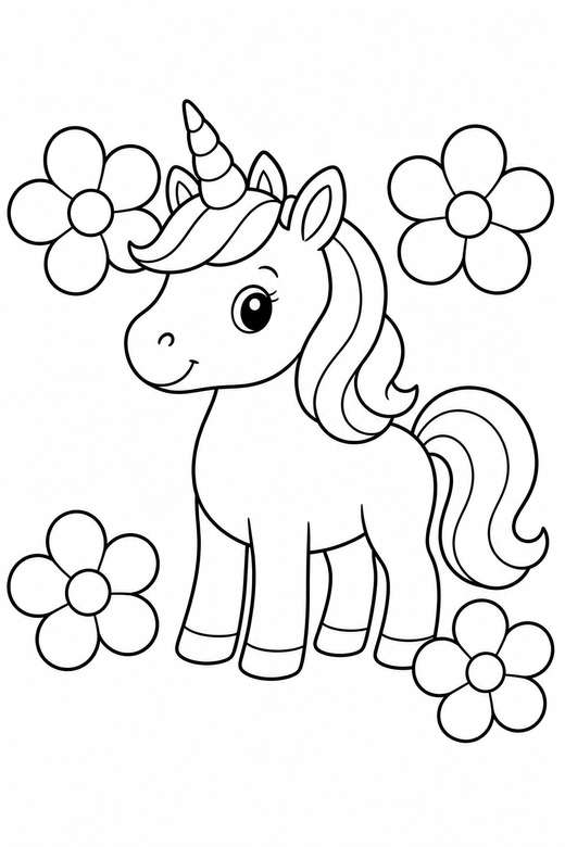 Unicorn among flowers: A unicorn surrounded by four large simple flowers, free printable coloring page