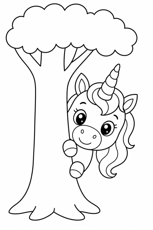 Unicorn behind a tree: A unicorn peeking out from behind a tree trunk, free printable coloring page