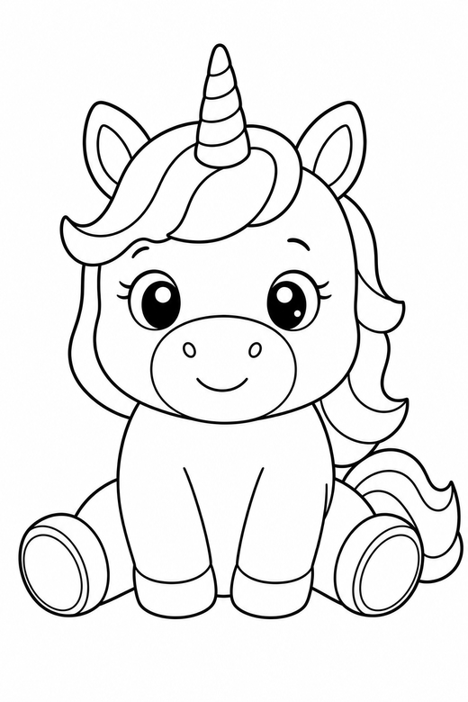 Chubby cartoon unicorn: A cute chubby unicorn sitting like a puppy, free printable coloring page