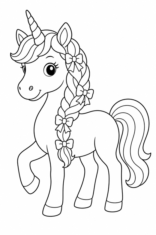 Unicorn with a braided mane: A unicorn with a braided mane decorated with small ribbons, free printable coloring page