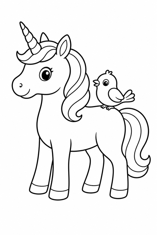 Unicorn and a little bird: A unicorn and a small bird perched on its back, free printable coloring page