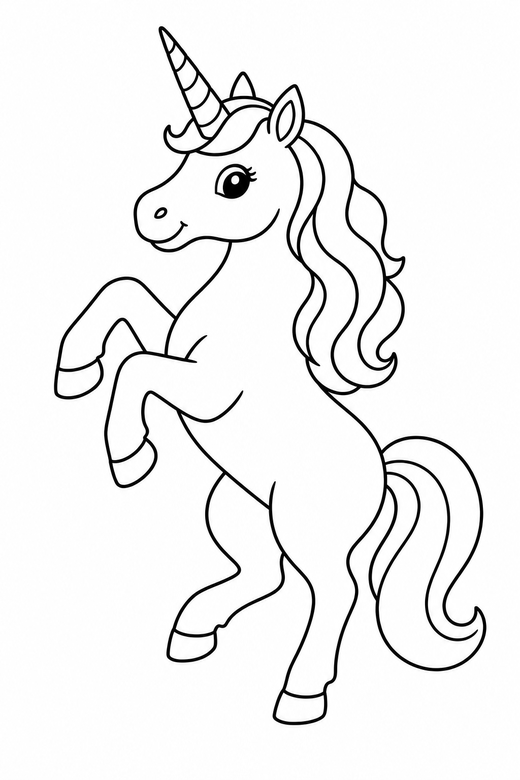 Unicorn rearing up: A unicorn rearing up on hind legs, free printable coloring page