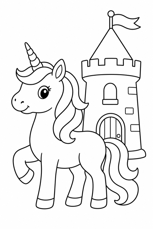 Unicorn by a castle: A unicorn beside a simple castle tower in the background, free printable coloring page