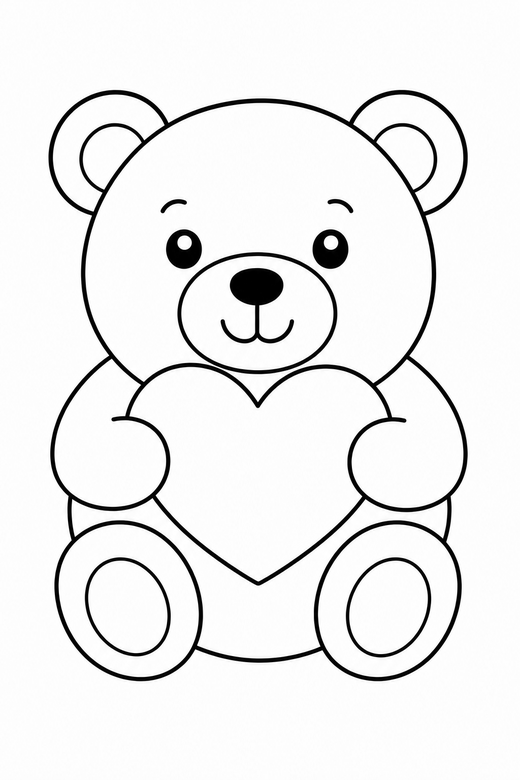 Bear holding a heart: A round teddy bear holding a heart in both paws, free printable coloring page