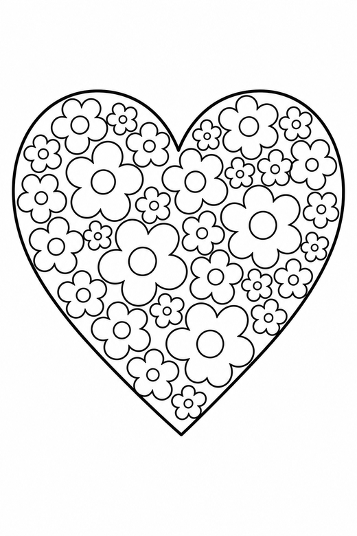 Heart made of flowers: A heart outline filled with small flower shapes, free printable coloring page
