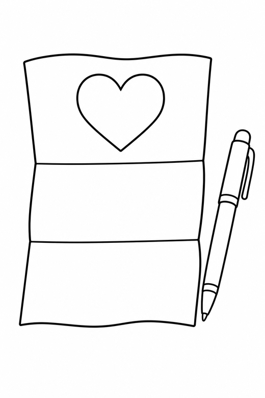 Love letter and pen: An unfolded letter with a heart at the top and a pen beside it, free printable coloring page