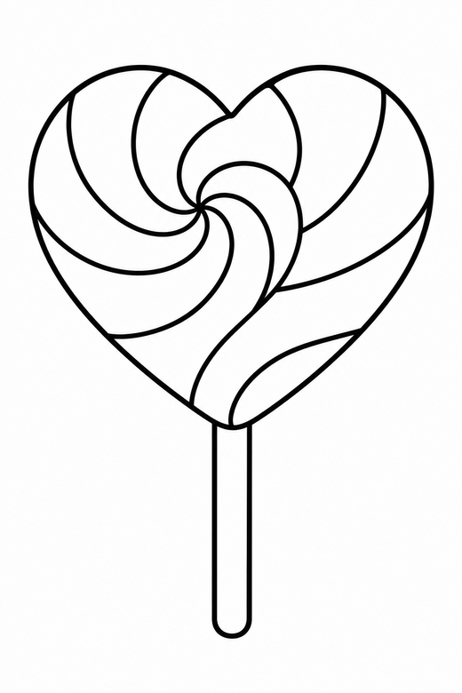 Heart lollipop: A heart shaped lollipop with a swirl pattern and a stick, free printable coloring page
