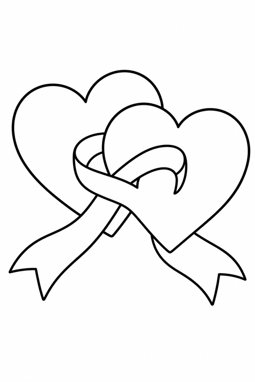 Two hearts linked: Two hearts overlapping with a ribbon looped through both, free printable coloring page